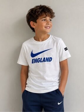Nike White Tee with Blue Swoosh and ENGLAND Text Boy’s Size Medium